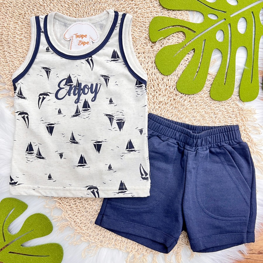 Conj. Regata em Linho Enjoy e Bermuda em Moletinho - Marinho e Areia